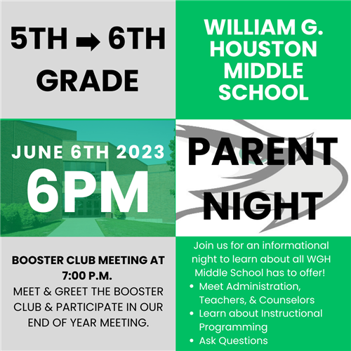 Announcement ofJune 6, 6 pm info nite for parents of 5th graders entering middle school
